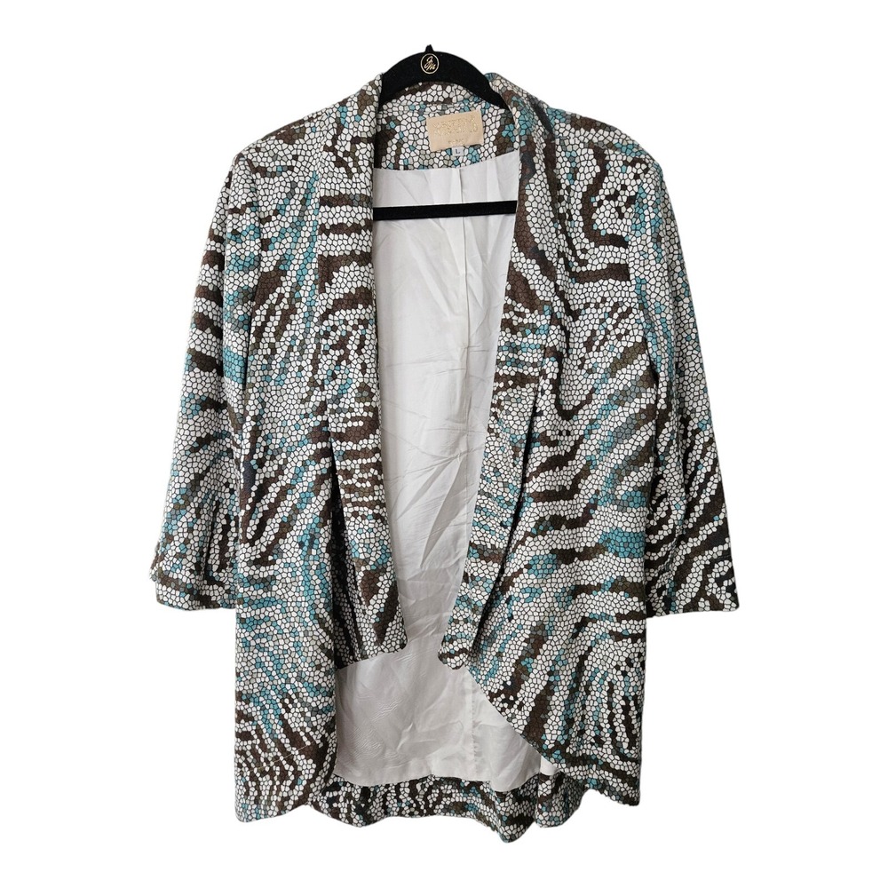 Alberto Makali Vintage Womens Large Open Blazer Brown Blue White Lined Softshell